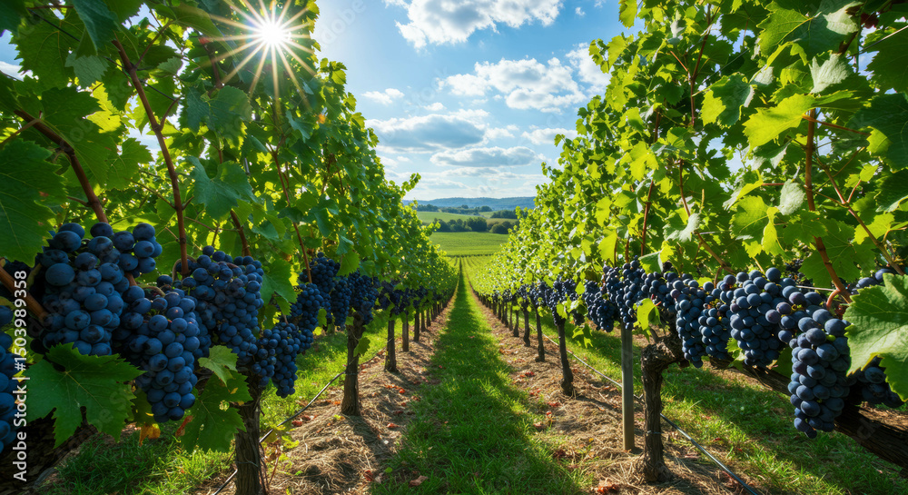 Naklejka premium Sunlit Vineyard Rows with Ripe Grapes on a Clear Summer Day