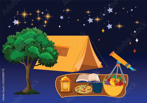 picnic day realistic poster invitation design template Vector illustration graphic artwork. Night camping.