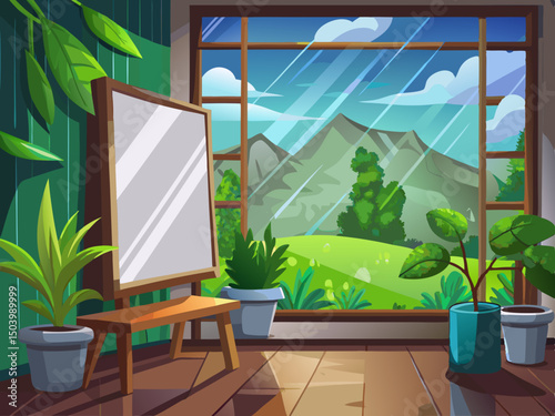 vector of Blank canvas on wall in modern room with green view outside during rainy day suitable for artwork