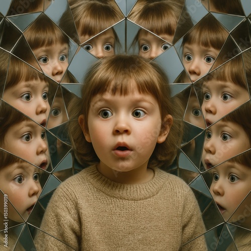 Caucasian female child astonished in kaleidoscope mirror reflection
