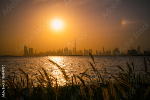 Canvas Print Golden hour view of Dubai skyline with Burj Khalifa, seen across the water with natural foreground grass
