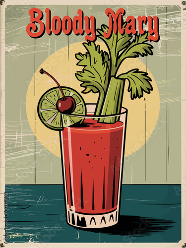 Retro Bloody Mary cocktail poster in Mid-century modern style with grunge texture. Colorful flat vector vintage illustration perfect for bar, kitchen, or cocktail-themed decor