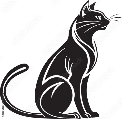 sleek black cat in a sitting pose, designed with smooth curves and decorative tribal-style line details. ideal for tattoo concepts, logos, minimalist wall art, or animal-themed graphic design. 