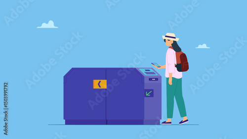 Vector illustration of a character using e-tickets on scan their phones to pass through station gate.