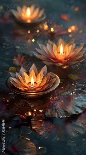 Floating Lotus Candles Illuminate Tranquil Water During Evening Festival Celebration