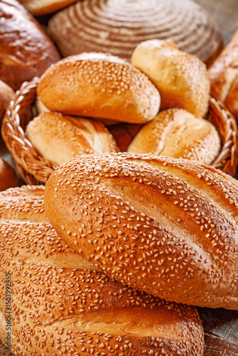Fresh baked bread. Assorted bakery products loafs of bread and rolls...