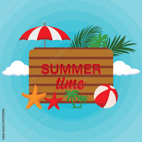 Vector Summer Time Holiday typographic illustration on vintage wood background. Tropical plants, flower, beach ball and sunshade