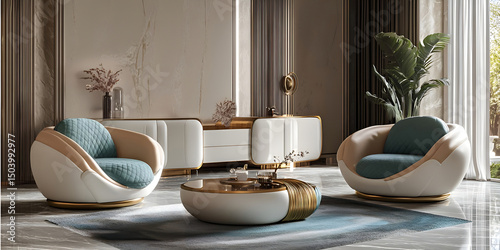 Stylish, elegant living room interior with modern furniture and decorative elements in an ideal combination of noble colours for a classic interior - milky, ivory, gold, mint and blue.