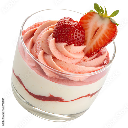 Light strawberry cheesecake mousse in a clear glass, swirled with strawberry sauce, topped with a heart-shaped strawberry slice, transparent background photo