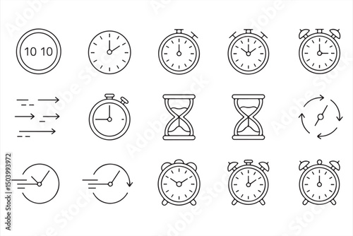 Set of Time and Speed Icons Depicting Quick Movement and Clocks