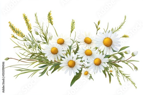 Colorful flat-style daisy and grass cluster, white backdrop