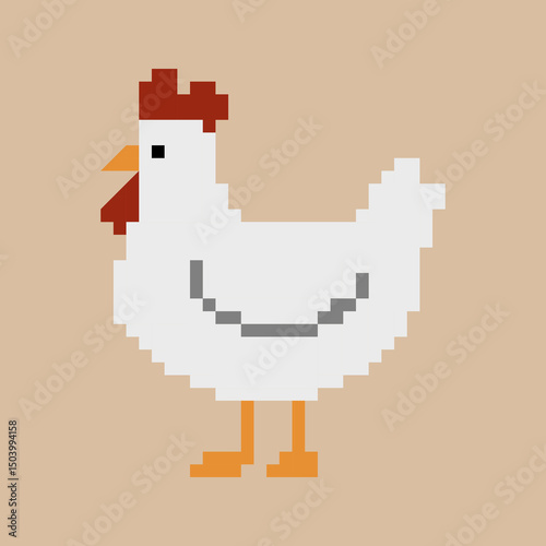 A pixelated chicken with a red comb and a white body. The chicken is standing on a tan background. design for all business
