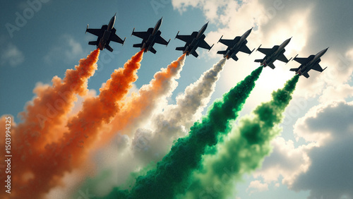 A high-resolution stock photo of Indian Air Force fighter jets in formation, perfect for patriotic campaigns and military recruitment.