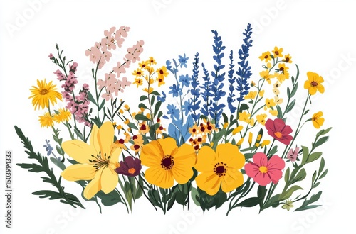 Colorful wildflower bouquet, flat design style, white