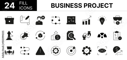 Collection of 24 Business Project fill icons featuring editable strokes. These outline icons depict various modes of Business, budgeting, business, collaboration, consulting, corporate, 