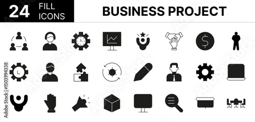 Collection of 24 Business Project fill icons featuring editable strokes. These outline icons depict various modes of Business, budgeting, business, collaboration, consulting, corporate, 