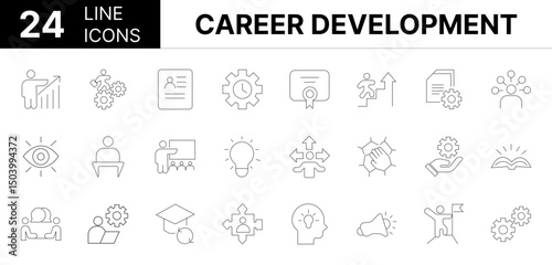 Collection of 24 Career Development line icons featuring editable strokes. These outline icons depict various modes of Career Development, resume, time management, certificate, life events, briefcase,
