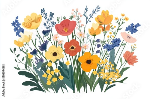 Colorful wildflower bouquet, flat design style, white