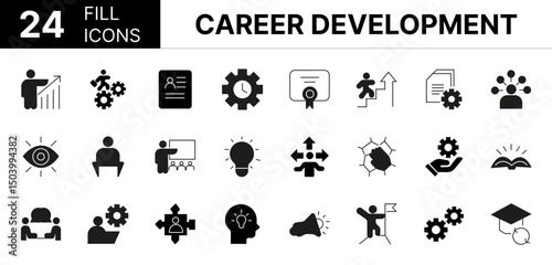 Collection of 24 Career Development fill icons featuring editable strokes. These outline icons depict various modes of Career Development, resume, time management, certificate, life events, briefcase,