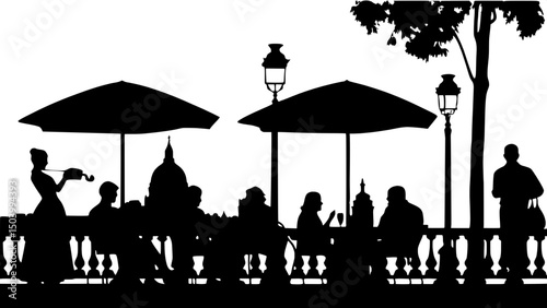 An elevated black and white silhouette view of a Paris café terrace at dusk, with groups of people sitting under umbrellas, a violinist playing nearby, and iconic Parisian buildings in the background.