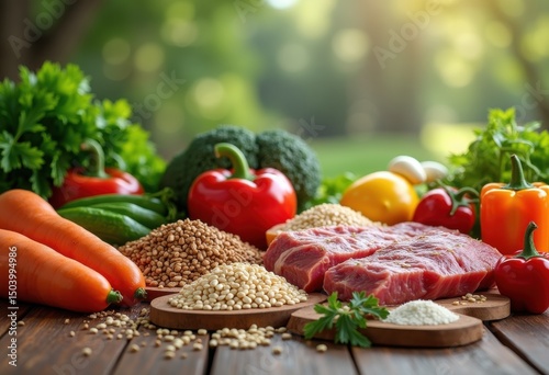 creative display high quality dog food ingredients showcasing wholesomeness health happiness, nutrition, freshness, healthy, treats, meat, vegetables