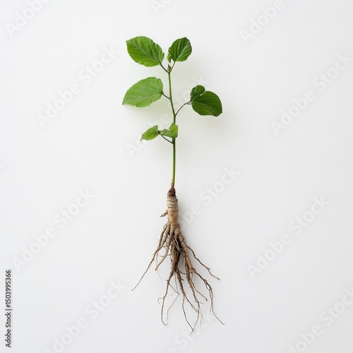 A young plant with several leaves and a prominent taproot system is shown against a plain white background