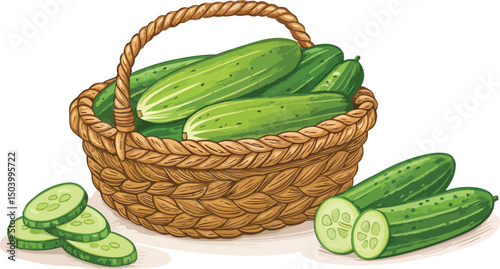 Cucumber illustration vector design, Cucumber in wicker basket with cucumber slice in white background vector design