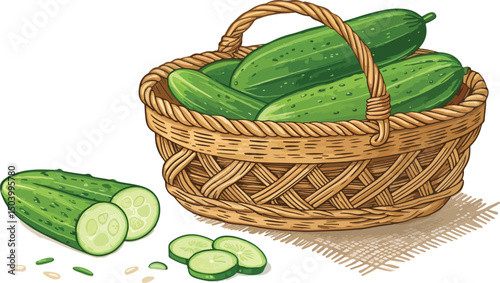 Cucumber in wicker basket with cucumber slice in white background vector design, Cucumber illustration vector design