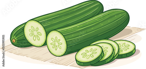Cucumber and cucumber slice on cutting board in white background vector design, Cucumber vector design