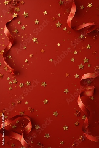 Festive Red Background Adorned With Golden Stars and Curling Ribbons for Holiday Celebrations