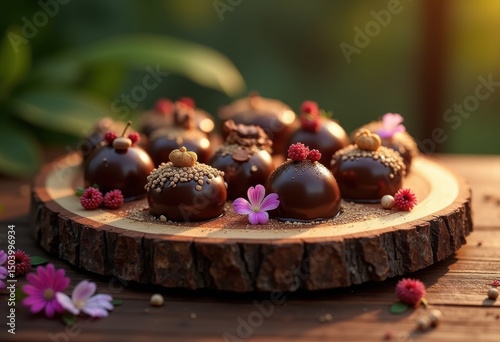 decadent dark chocolate dish artisanally arranged rustic wooden serving board gourmet indulgence, cocoa, sweets, treat, food, presentation, platter photo