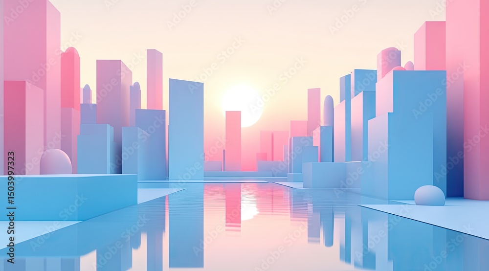 Fototapeta premium Pastel cityscape at dawn, reflecting in a calm river. Geometric, vibrant, and serene