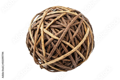 Brown and beige woven wicker ball decorative sphere craft art home round on transparent background