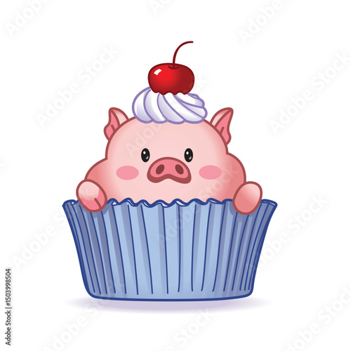 Cute vector illustration of a cupcake pig with a cherry on its head. Perfect for birthday invitations and posters.