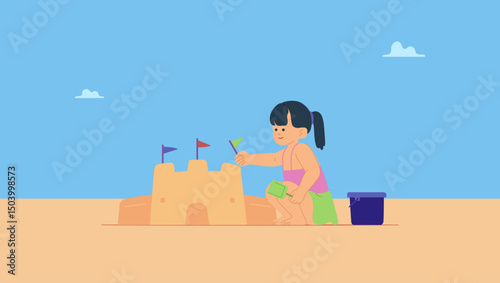 Vector illustration of summer beach fun, a kid, toddler making sandcastle. Building sand castle on sea coast, enjoying seaside resort vacation, holiday.
