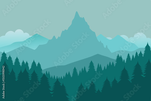 flat design of fog creeping through pine wood 