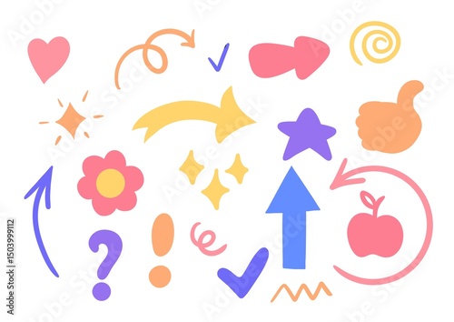 Colorful doodle elements: hearts, arrows, stars, and more for creative projects