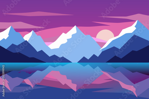 digital twilight over icy mountain lake with .svg