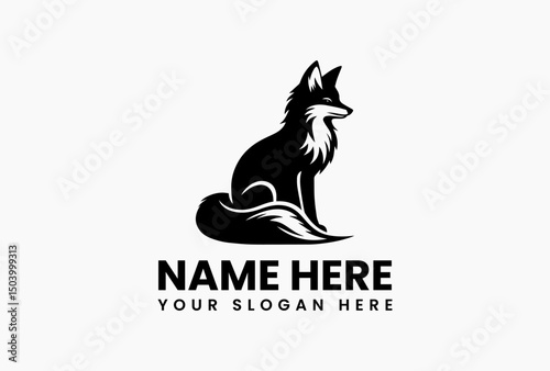 Graceful black fox silhouette in poised sitting position with alert gaze vector logo. Wilderness emblem  