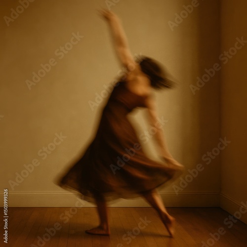 Blurred motion of female dancer in flowing dress against neutral background
