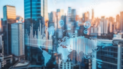 Global Financial Data Overlay on Urban Skyline, World Map Business Analytics Visualization, Cityscape with International Economic Indicators