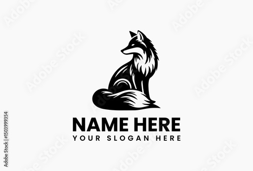 Graceful black fox silhouette in poised sitting position with alert gaze vector logo. Wilderness emblem  