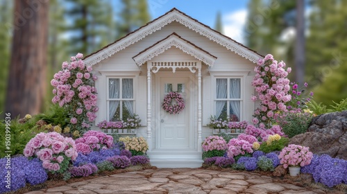 Charming Cottage  Lush Garden  Floral Landscape  Spring House photo