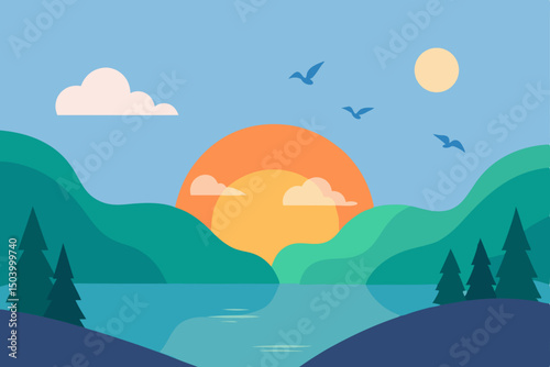  flat design of early morning scene with birds.svg