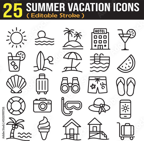 summer vacation line icons set, editable stroke, pixel perfect, hiking, camping, fishing, tourism, fishing, picnic, beach, watermelon, summer ideas, swimming