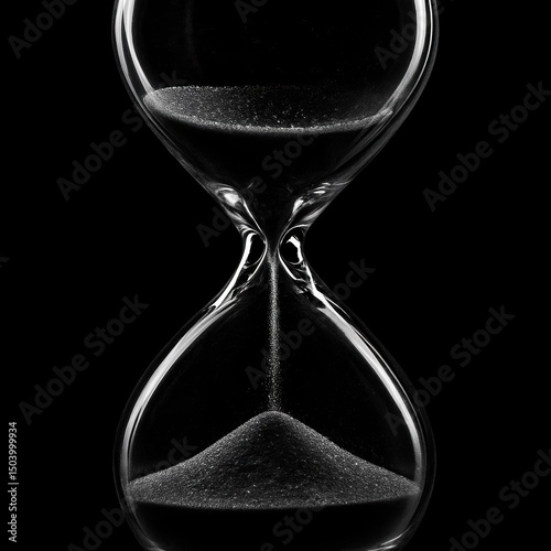 Elegant transparent hourglass with flowing sand on black background
