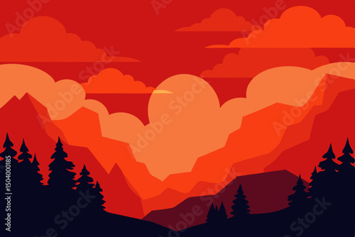 vibrant dusk landscape with red orange clouds 