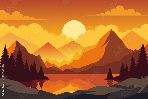 sunrise over mountain lakeshore with golden 
