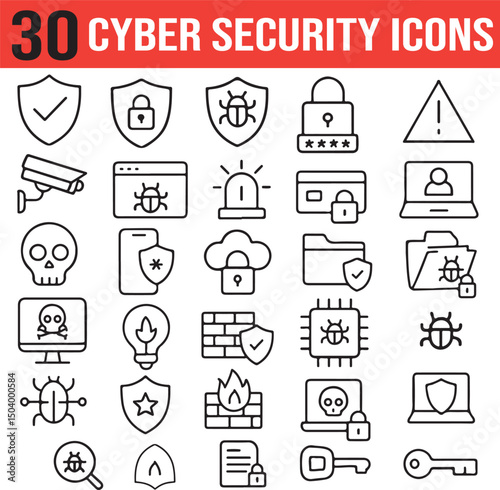 set of cyber security icons, secured network vector collection, editable stroke, shield data security, online privacy, cyber crime, network monitoring, secure connection
