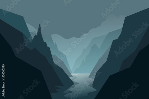deep mountain gorge with fog trails and 